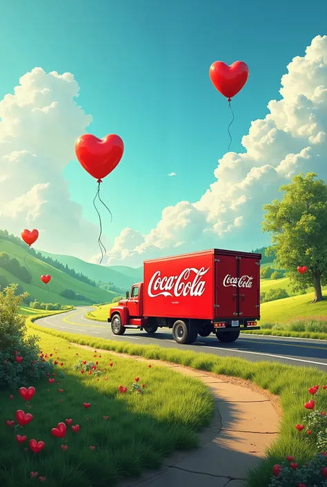 image of a green landscape with a road where a red Coca-Cola truck is passing by and red heart-shaped balloons are floating in the blue sky