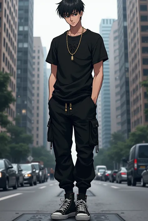  background of a city, Bleach style anime boy, black and shaved hair,  measures 1. 68 tall, Athletic and aesthetic body, tight black short sleeve sweater, gold cross chain, military-style black pants, black tennis shoes, With a serious and rude expression