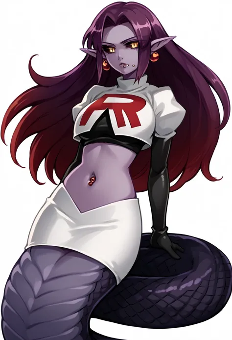 score_9, score_8_up, score_7_up, source_anime BREAK  1girl, solo, white background, simple background, looking at viewer, team rocket,team rocket uniform,white skirt,red letter R,crop top,black thigh-highs,black elbow gloves, large breasts, navel, jewelry,...