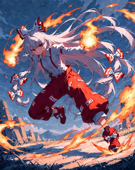 score_9, score_8_up, score_7_up, UHD, 1girl, solo, Masterpiece, UHD, Fujiwara No Mokou, full body, action painting, The Touhou Project