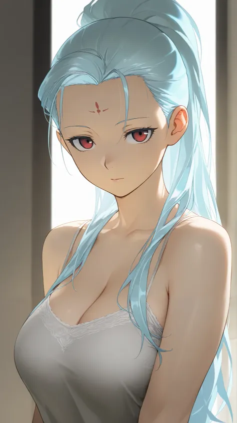 Masterpiece, elegant mature woman, vivi nefertari, long hair, high ponytail long hair, several strands of short hair hanging down on the right and left sides of the forehead, light blue hair color, tall body, camisole, upper body, dynamic lighting, ultra d...