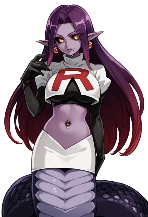 score_9, score_8_up, score_7_up, source_anime BREAK  1girl, solo, white background, simple background, looking at viewer, team rocket,team rocket uniform,white skirt,red letter R,crop top,black thigh-highs,black elbow gloves, large breasts, navel, jewelry,...