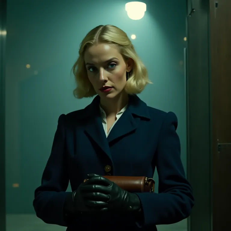 Image is a HD photo featuring a woman from 1920´s with light skin and shoulder-length blonde hair. She is wearing a dark blue coat and black gloves, holding a brown leather bag. The background is a dimly lit room with a greenish hue, suggesting a mysteriou...