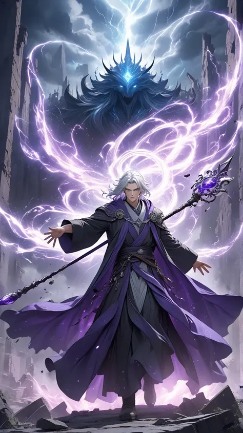 A powerful sorcerer with an intense, commanding presence, surrounded by swirling magical energy. His long, flowing robe is adorned with intricate arcane symbols that glow faintly with mystical power. His piercing eyes shine with an otherworldly light, exud...