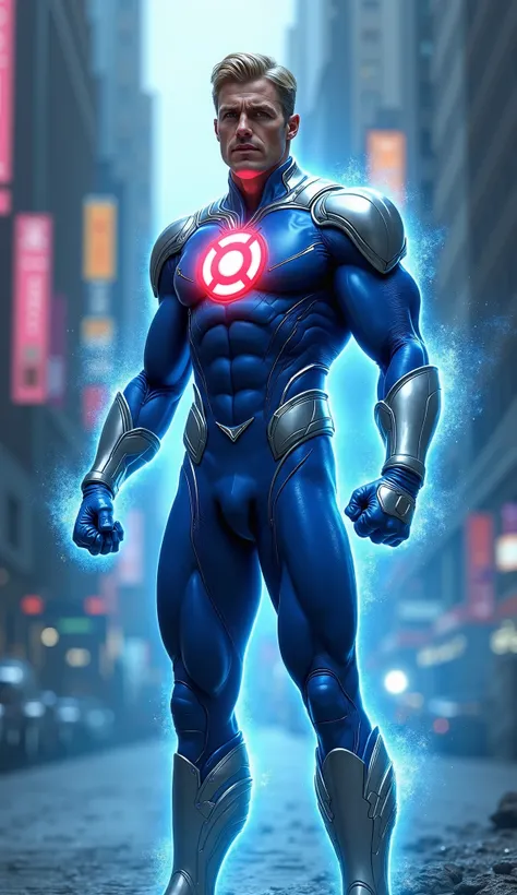  "An ultra-realistic depiction of the DC superhero Captain Atom. He is wearing his iconic blue suit with a large red atom symbol on his chest. The suit is sleek and metallic, with shiny silver accents on his shoulders, gloves, and boots. His face shows a d...