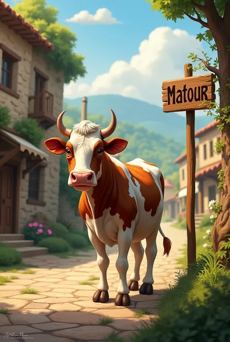 Vache devant un panneau du village matour 