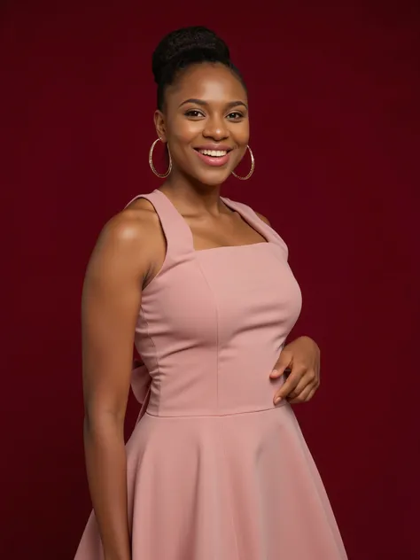 A 20-year-old young Nigerian woman with a warm smile. She is wearing a simple yet elegant up-and-down dress in a classic and stylish design. The dress is well-fitted, modest, and complements her youthful appearance. Her hair is neatly styled, possibly in a...