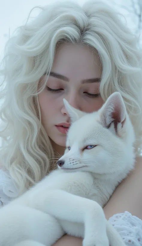 close-up,  Extremely white young woman ,  curly white hair , hugging a white fox,  mouth shut,  eyes closed , ( masterpiece,  High quality,  High quality), ( ultra detailed ,  absolute resolution ), ((16k,  high resolution)),  destruction { (  An image cap...