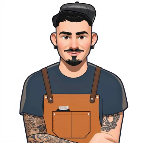 I want to create an image in Pixar 3D style of a male character who looks 21 years old, white, with a cap and a well-designed goatee. He has a completely tattooed left arm and works as a barber. The image should show you from the front, wearing a stylish b...