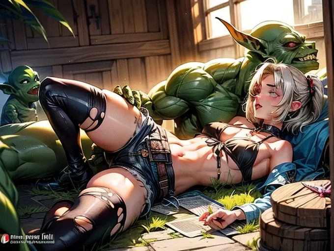 fantasy anime slutty girl 20 years old with short hair defeated by goblins in an ambush (spread your legs, consequences)bad end(goblin penetration into girl, inserts into the girl between her legs) (torn clothes, torn clothes) (short shorts, bikini, thigh ...