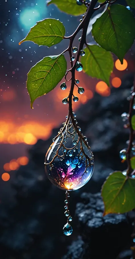 cinematic photo macro photo, sparkling dewdrops cling to a magical fantasy glass vine that runs from a high branch at the top near us down into molten lava, galaxy fantasy colors, [vertical orientation], open center area made of old paper. . 35mm photograp...