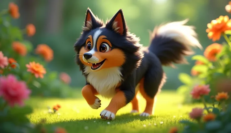  A medium-sized mutt dog , with long black fur , Golden paws,  white breast and snout similar to that of a German shepherd , running in the garden while your ears fly with the wind,  Pixar style