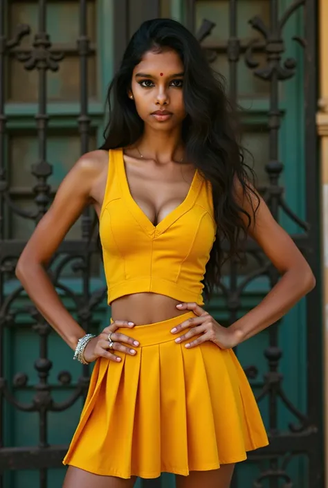 Tamil girl, 25yo, standing in front of a iron fence wearing a yellow top v neck and pleated mini skirt with her hands on her hips, perfect 5 fingers, biting her lips, threatening look, 64k HDR, DSLR, soft lighting, high quality, film grain, Hyperrealism, h...