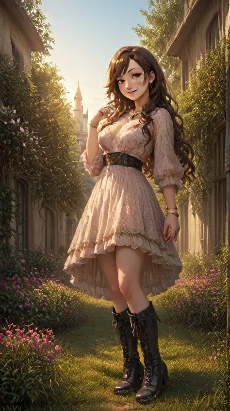 , 1girl, solo, full body, scenery, court yard, castle, ornate gown, ornate necklace, ornate jewelry, slight smile, furrowed brow, looking at viewer, from side,  score_9, score_8_up, score_7_up,score_6_up, score_5_up, score_4_up, masterpiece, best quality, ...