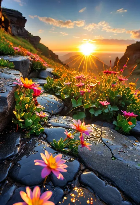 The first rays of sunlight in the morning，cliff，Dew drops on beautiful flowers in cracks of rocks，(sunrise)，Beautiful picture，HD Wallpapers