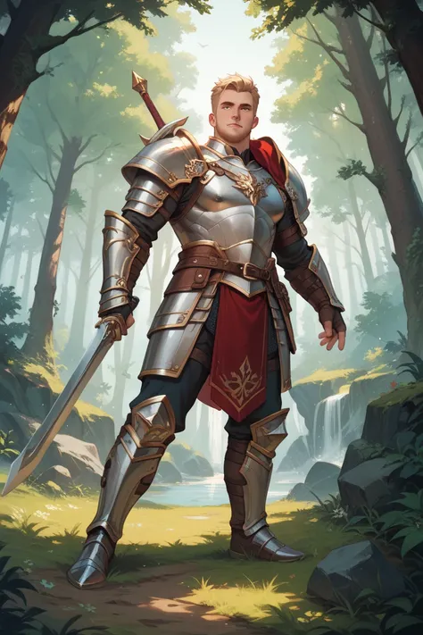 Man in dark armor in the middle of a forest 