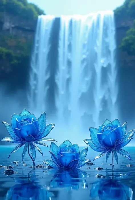 Blue glass roses on a waterfall