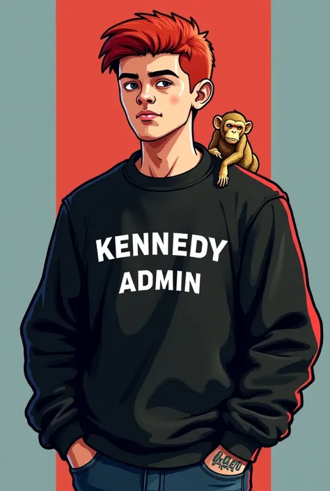 GTA animation style, man, 24 years old, gangster, trapper, gamer,  red hair , disguised cut , Young,  boy,  sweatshirt written by Kennedy admin,  black sweatshirt,  tattoo on the arm ,  little gold monkey on the shoulder, Scenario Guerra , moreno