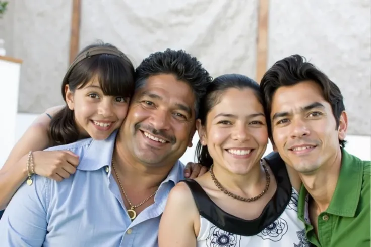 A hyper-realistic family portrait of four people of Latin American and Peruvian descent, standing closely together with warm, happy expressions. The father, 45 years old, has a medium-to-heavy build (around 95 kg), short dark hair, a medium skin tone, and ...