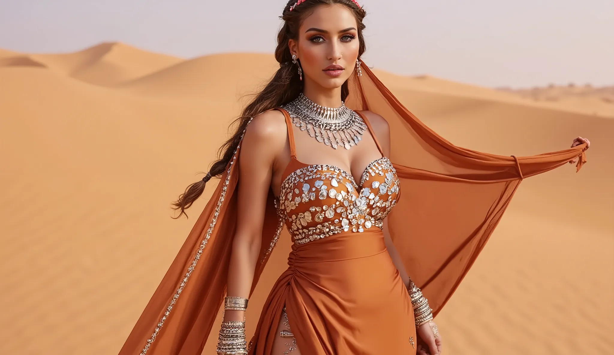 "A desert queen stands against golden dunes, wearing a flowing burnt orange dress with silver mirror work. Her hair is braided with pearls, and she is adorned with tribal jewelry, including a heavy silver choker, stacked bangles, and a statement nose ring....