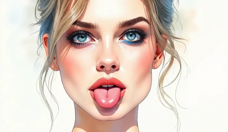 Watercolor and alcoholic ink diluted on smooth paper of a woman's face (margot robbie)  on full screen ,  the tones are very pale skin color ,  the watercolor tones are pale pink and very diluted red ,  the eyes are emerald blue ,  the lips are peach-color...