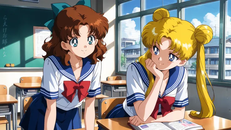 masterpiece, best quality, very aesthetic , ultra detailed, seductive smile, with friends, brown hair, medium hair, wavy hair, teal hairbow, teal eyes, summer japanese serafuku, blue skirt, small breasts, school room, desk, window, chiar, tokyo, detailed b...