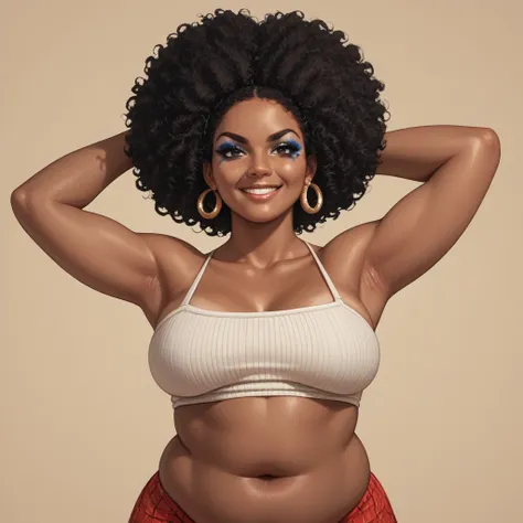 afro,  curly black hair , African, negro, Black tanned ,  Brown skin, serious-looking lady with an oval face ,  black eye makeup ,  smiling ,  girl,  wide and large , chubby breasted and thick legged, chubby,  naken, raising her arms to the sides, full bod...