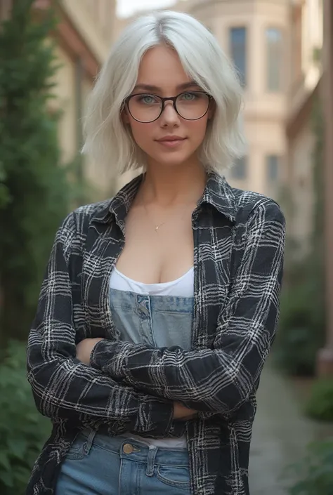 Realistic photo [a woman], [26 years old], [light blue eyes], [thin and slightly upturned nose], [smooth, bright and even skin, with a natural and healthy glow], [short shoulder-length hair with a white tint], She wears round glasses, She is natural, She i...