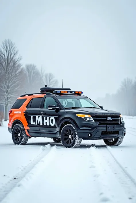 Create a non-armored vehicule in a winter snow storm for hockey referees.  Please use colors black and orange.  Also write LMHO on doors.