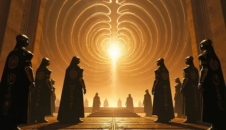  A group of biomechanical priests surrounds a spiral-shaped alien structure.  Their bodies are fused with golden circuits , and their eyes reflect symbols in ancient languages .  in the center of the temple ,  a pure energy entity begins to take shape .