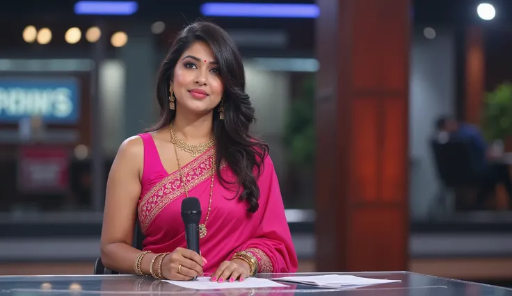 (hairy armpit :224421.2214413),
A professional Indian news anchor sleeveless big boobs woman on a modern news set. She is wearing traditional Indian attire, colourful saree, with a microphone in hand. The news studio is well-lit and contains a large news d...