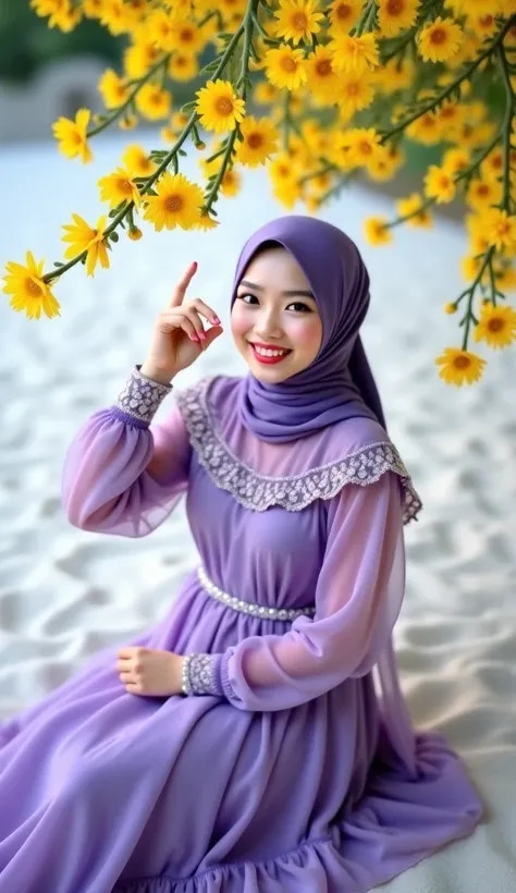 Make me a realistic baground and detailed , A Korean woman  ,  beautiful face natural white smooth and cute , wearing hijab wearing a fashionable and trendy muslim style purple dress with tiered lace bloom design on her shoulders in a layer of mosquito net...