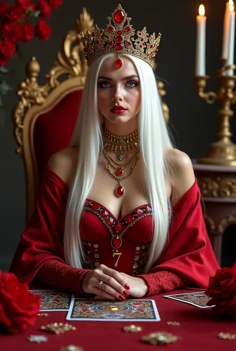 Tarot card reader woman with delicate appearance, long straight white hair, cleaned up.
blue eyes, red and black makeup.
Fancy red outfit. Accessories all with red stones. Large crown with red stones.
wearing a red cape. 
queen&#39;chair, throne. 
Sophisti...