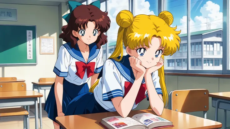 masterpiece, best quality, very aesthetic , ultra detailed, seductive smile, wants sex eyes, brown hair, medium hair, wavy hair, teal hairbow, teal eyes, summer japanese serafuku, blue skirt, small breasts, school room, desk, window, chiar, tokyo, detailed...