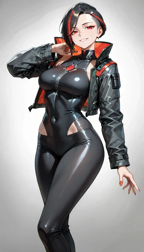(Medium breasts, Mature, visible curves, pose, Smiling ), best quality, amazing quality, very aesthetic, Milf, cyberpunk, Cyberpunk coat, street style, techwear,Short black hair with red highlights, red eyes, black sleeveless blouse, black leggings, white ...