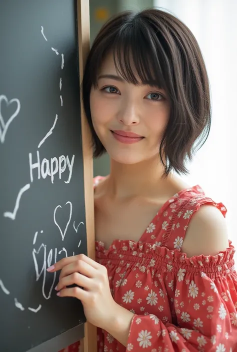  short hair、Small face、 Japanese beautiful girl ,  Bohemian Dress, Write on the whiteboard "iHappy Valentine's Day "  showing it to viewers 