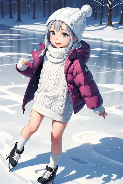 (  super flat  ,   flat shading ,    flat color),  1 young   girl， short，   Toddler image temptation    ，, change,  S,   curvy,    down jacket, (  White Knit Dress ，Long below the knee socks ),   no skirt  , glass, winter hat,  Ice Skating, smile, , winter...