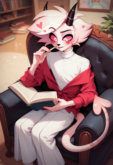 Solo, young male demon, soft facial features, focused on reading, pale pink skin, long wavy medium hair, pastel pink eyes, kind glint in his eyes, horns, white turtleneck, pastel red hakama pants, tail with a heart shaped ending, slim, tall, sitting on arm...