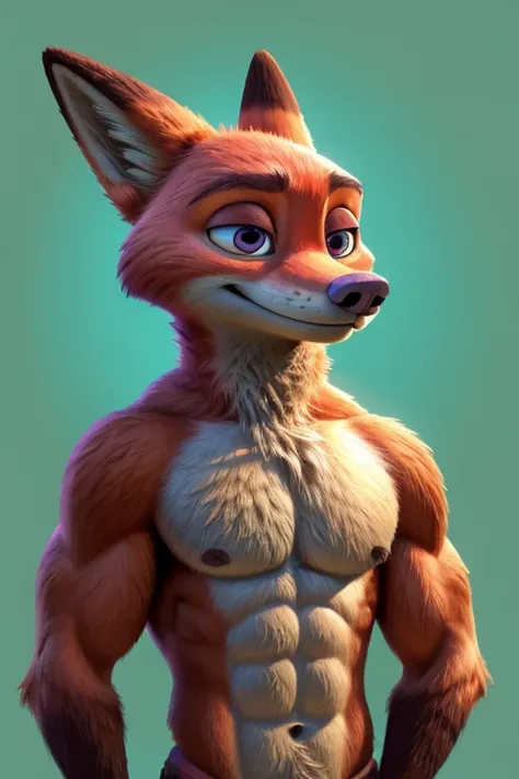 ( Nick Wilde's correct anatomy (Zootopia ):1), solo portrait of Nick Wilde, naked torso 1, athletic body 1,  bigger muscle 1 ,