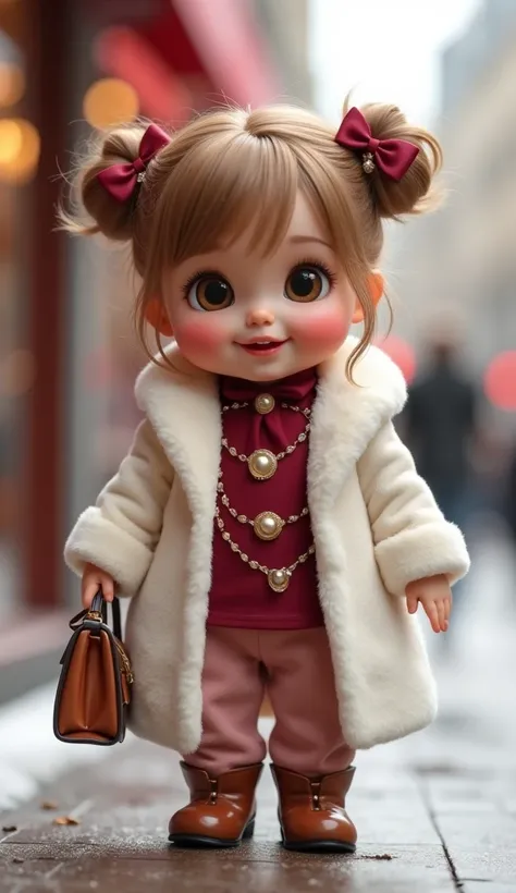 8k, HD. Very realistic, very chubby, cute baby girl dressed as Masha and the Bear, some hair hanging down on the face, bright and exaggerated color scene like a doll, designed with small expressive bright brown eyes, and a cute smile, wearing a burgundy bl...