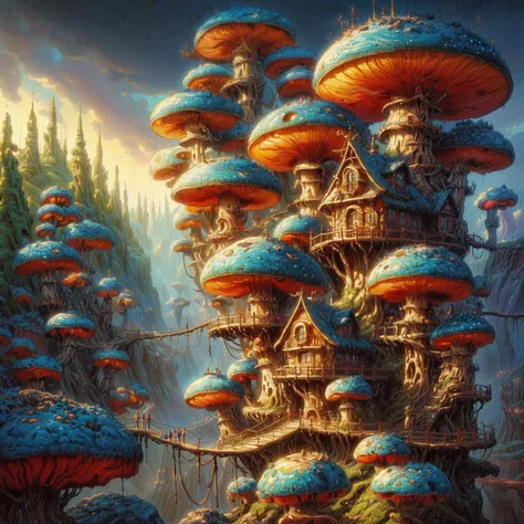 there are many mushrooms that are growing out of the trees, mushroom city, symmetrical epic fantasy art, fantasy architecture, detailed fantasy art, detailed fantasy digital art, fantasy highly detailed, highly detailed fantasy art, 4 k detail fantasy, sur...