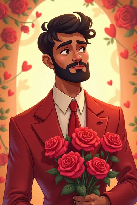 A cartoon character with the same Cinderella cartoon drawing of a beautiful brown man who has a short beard with short, rough black hair wearing a red suit, carrying a red rose bouquet and