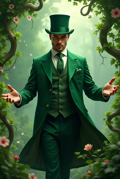 Handsome man dressed in green suit and green tie with green top hat using his power to manipulate nature