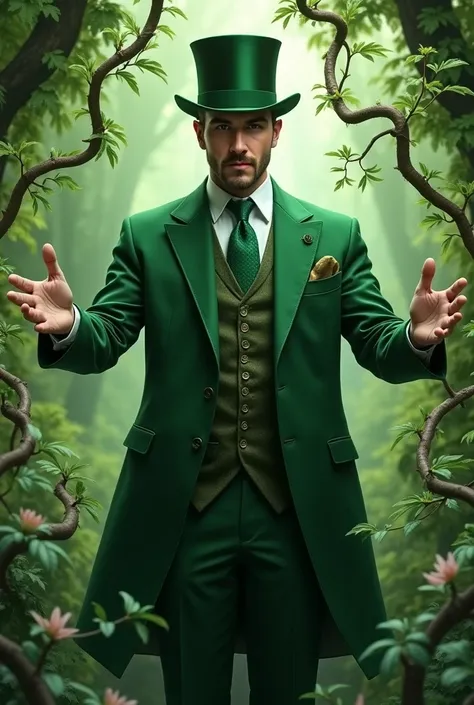 Handsome man dressed in green suit and green tie with green top hat using his power to manipulate nature