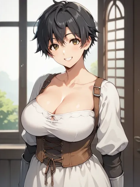  score_9,  score_8_ up,  score_7_ up,  source_Anime, 1 Female, nsfw，  uncensored ， adult woman, Big Breasts,  big breasts,  curvy, vol uptuous,   black hair,  brown eyes, Very close,  tomboy, , smile,  is standing, medieval inn, 屋内で