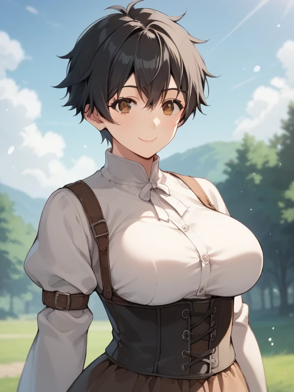  score_9,  score_8_ up,  score_7_ up,  source_Anime, 1 Female, nsfw，  uncensored ， adult woman, Big Breasts,  big breasts,  curvy, vol uptuous,   black hair,  brown eyes, Very close,  tomboy, , smile,  is standing, medieval inn, 屋内で