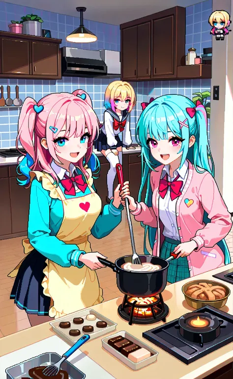 3girls,cool Beauty、 multicolored _hair,Blonde_hair,pink_hair,blue_hair,school_uniform、cooking_chocolate,edge,heart pattern effect、 pixel art 