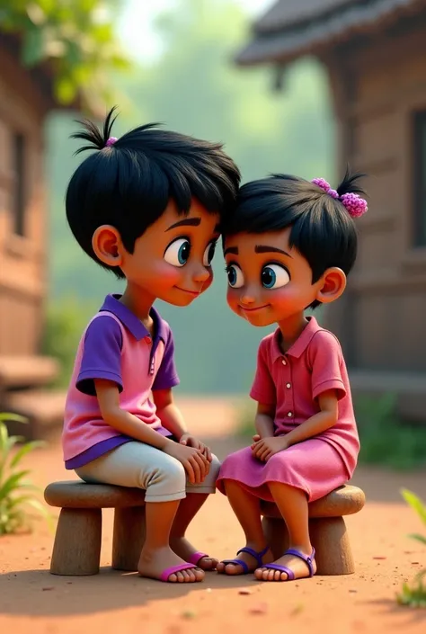 The  with black hair, big blue eyes, and a playful smile, dressed in a pink and purple shirt with white pants, sitting beside his grandmother on a wooden stool in the village, listening to her stories with curiosity while she lovingly pats his head."3D Pix...