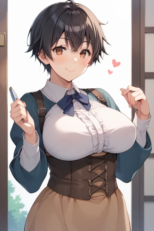  score_9,  score_8_ up,  score_7_ up,  source_Anime, 1 Female, nsfw，  uncensored ， adult woman, 長い垂れ下がったBig Breasts,Big Breasts,  big breasts,  curvy, vol uptuous,   black hair,  brown eyes, Very close,  tomboy, , smile,  is standing, medieval inn, 屋内で