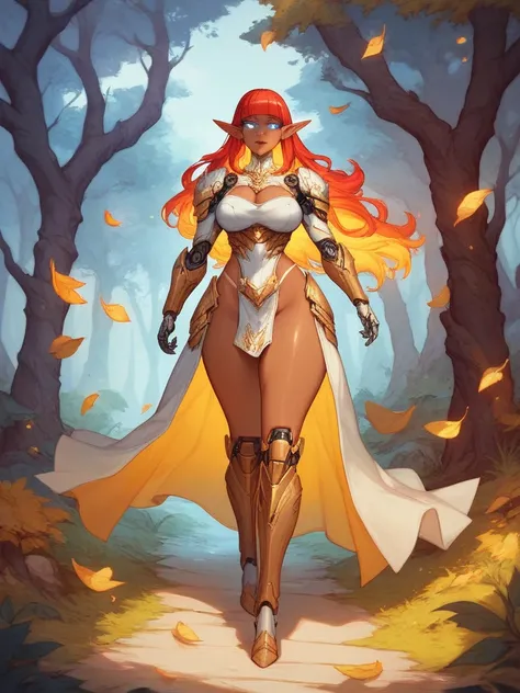 Female Elf, Long Flowing Fiery Red Hair with Blunt Bangs, Long Elven Ears, Glowing Blue and white Cybernetic Eyes, Tanned Skin, Large Breasts, Wide Hips, Thick Thighs, Long Legs, Wearing Form Fitting Advanced Golden Leaf Advanced Cybernetic Armor, Holding ...